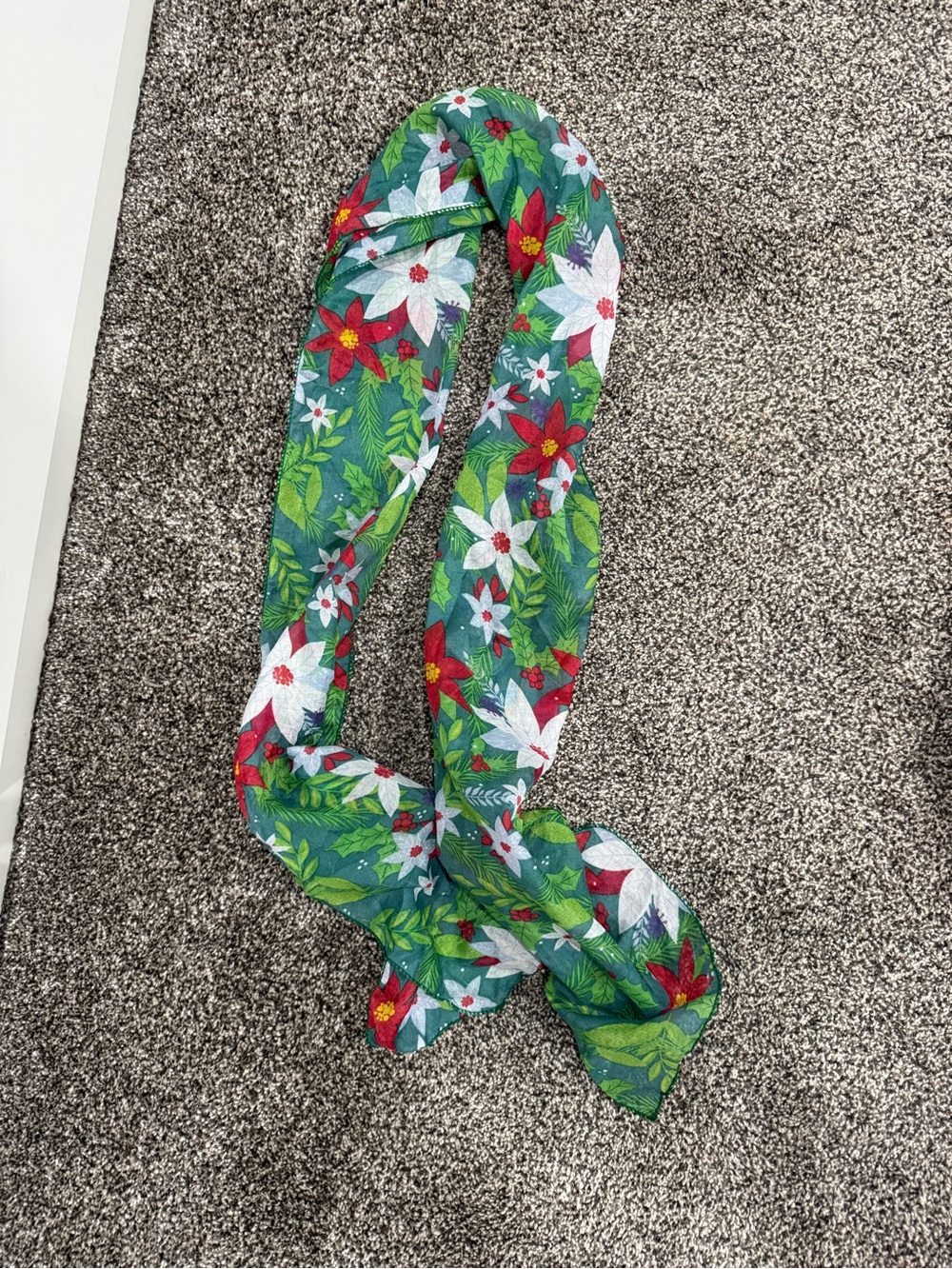 Green Floral Holiday Scarf with Poinsettia Print, lightweight